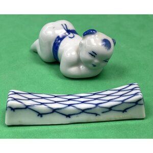 VTG Lot 2 Blue White Handpainted Ceramic CHOPSTICK RESTS Pillow Baby Chinese EUC